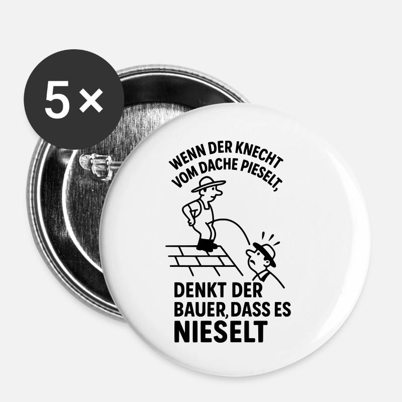 Fermier domestique, serviteur sur le toit, urine, drôle de phrase - Lot de 5 petits badges (25 mm) - blanc