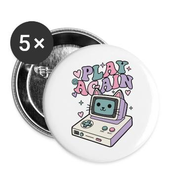Play Again Cat Retro - Buttons small 1''/25 mm (5-pack) - white - Front