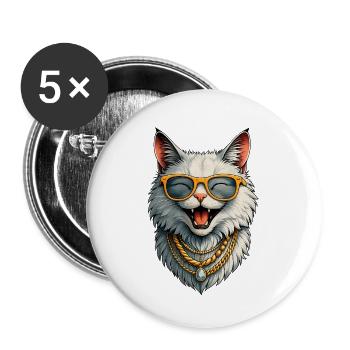 Happy Lady Cat -  Sonnenbrille & Goldketten - Buttons klein 25 mm (5er Pack) - Weiß - Vorne