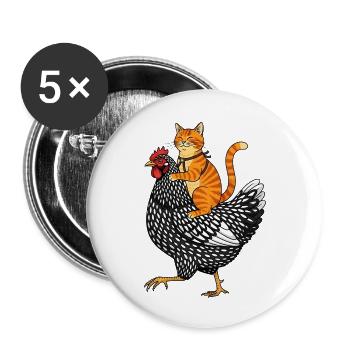 Katze reitet Huhn - Lustiges Bauernhof Abenteuer  - Buttons klein 25 mm (5er Pack) - Weiß - Vorne