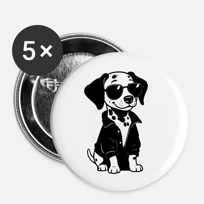 Dalmata con occhiali da sole e giacca nera - Confezione da 5 spille piccole (25 mm) - bianco