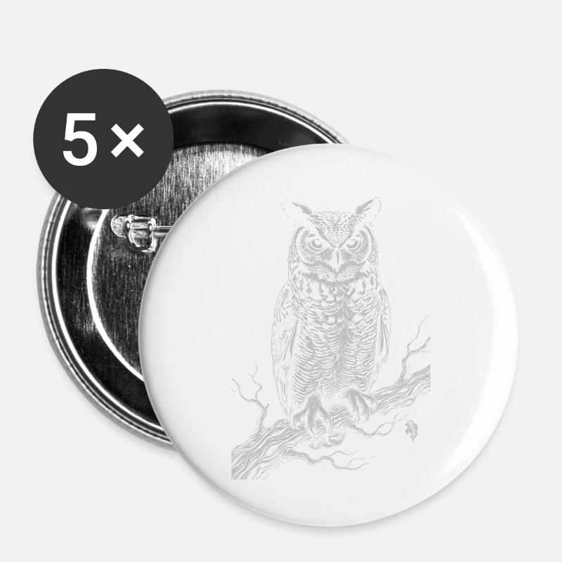 Silhouette de hibou sur une branche éclairée par la lune - Lot de 5 petits badges (25 mm) - blanc