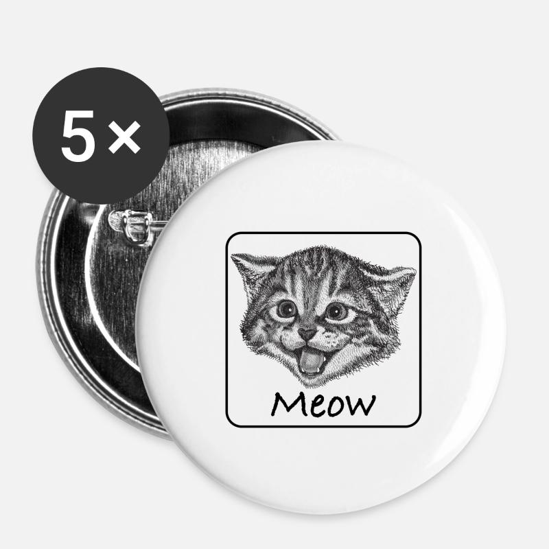 Chat dessiné - Lot de 5 petits badges (25 mm) - blanc