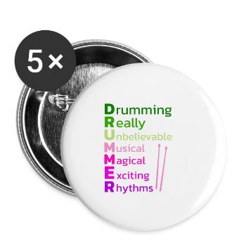 Drums Schlagzeuger Schlagzeugspieler Drummer - Buttons klein 25 mm (5er Pack) - Weiß - Vorne