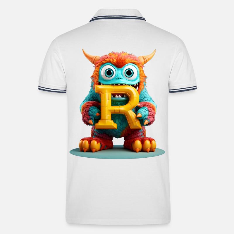 Bunter Monster mit Buchstabe R - Männer Tipped Poloshirt - Weiß/Navy