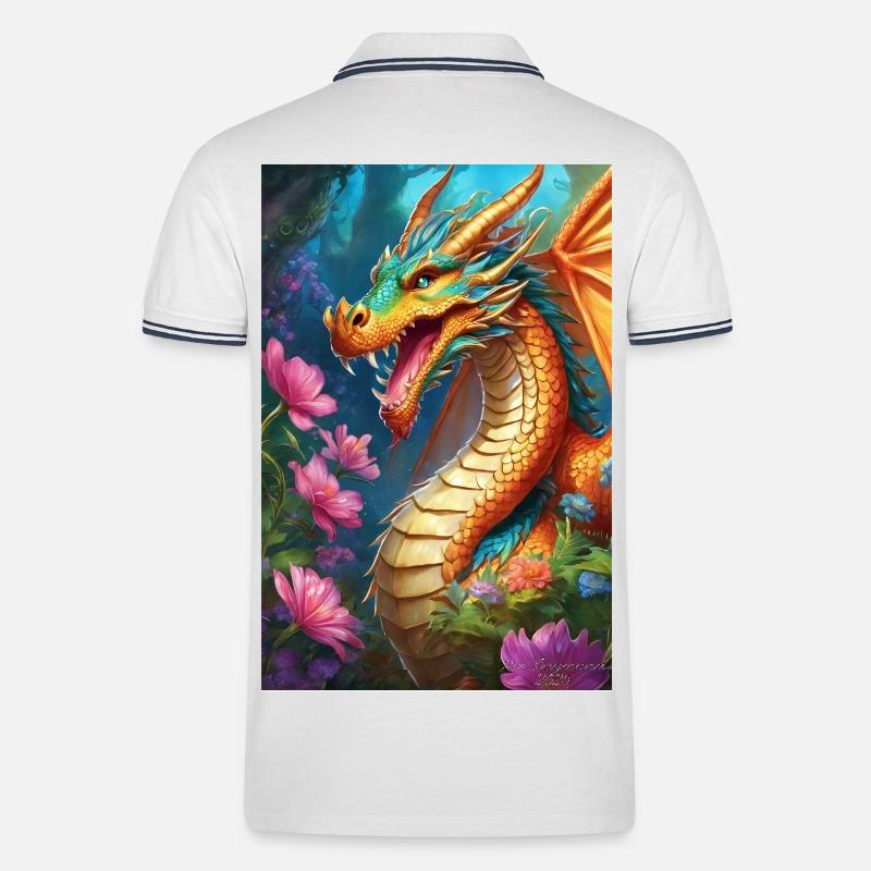 Glutdrache im blühenden Wald - Männer Tipped Poloshirt - Weiß/Navy