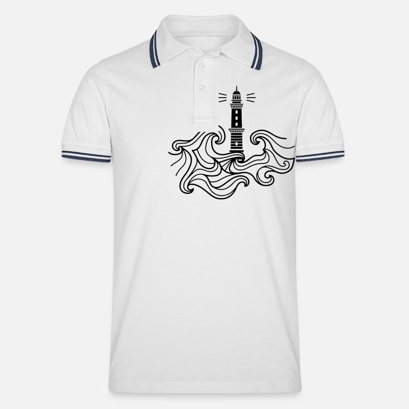 Lighthouse Warnemünde with waves - Men's Tipped Polo Shirt - white/navy
