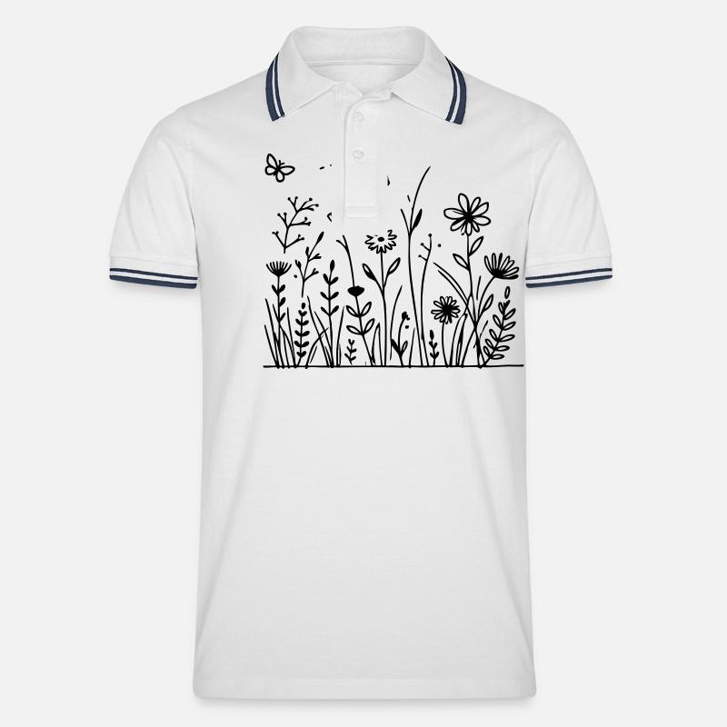 Blumenwiese mit Schmetterling - Männer Tipped Poloshirt - Weiß/Navy