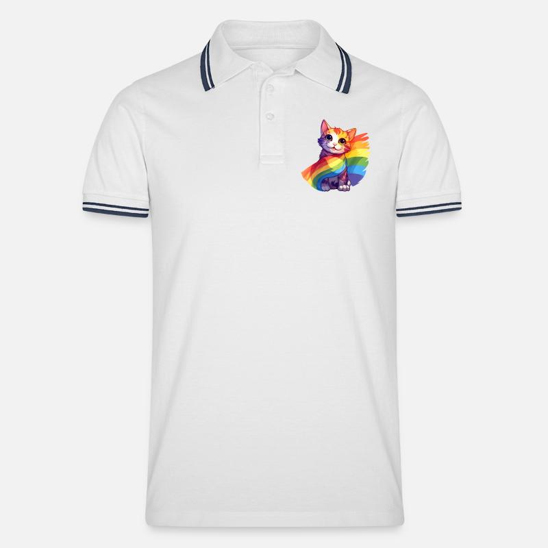 Pride Cat – Bunte Regenbogen-Katze mit Flagge - Männer Tipped Poloshirt - Weiß/Navy