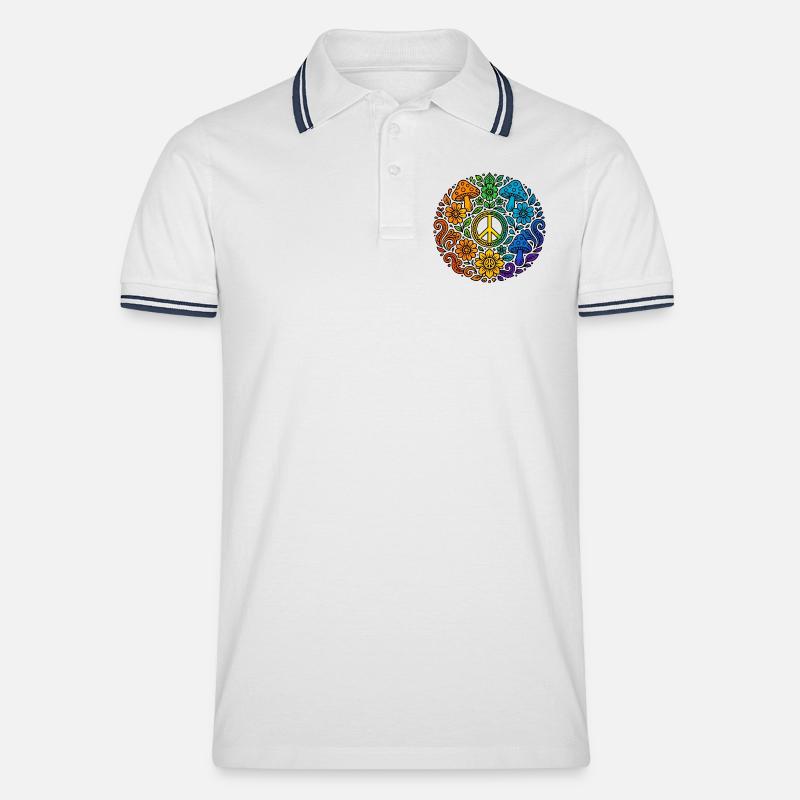 Psychedelisches Peace-Zeichen im Regenbogenstil - Männer Tipped Poloshirt - Weiß/Navy