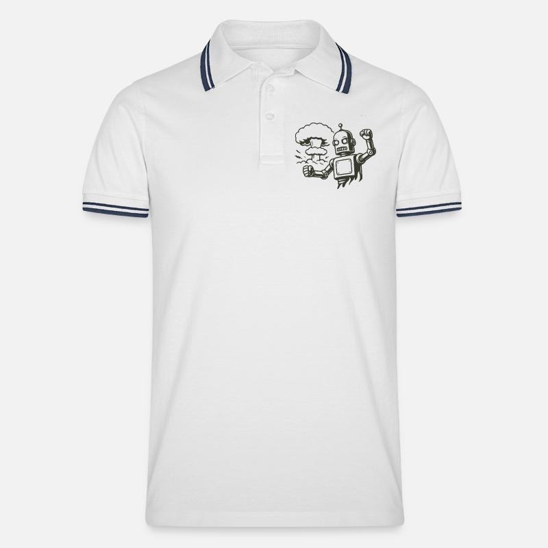 Robot rétro devant un nuage d’explosion - Polo tipped Homme - blanc/marine
