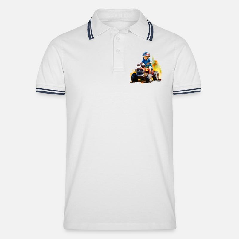 Junge auf Spielzeugtraktor mit Farbspritzer - Männer Tipped Poloshirt - Weiß/Navy