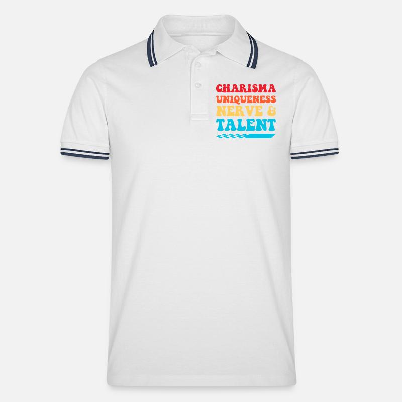 Charisma, Einzigartigkeit, Nerven & Talent - Männer Tipped Poloshirt - Weiß/Navy