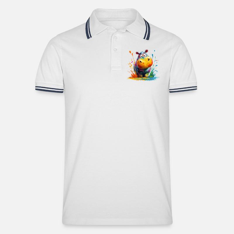 Bunter Hippo Splash - Männer Tipped Poloshirt - Weiß/Navy