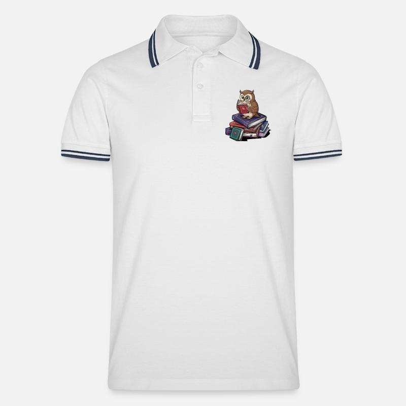 Bücherwurm-Eule-Vogel liest Bücher Kunst - Männer Tipped Poloshirt - Weiß/Navy
