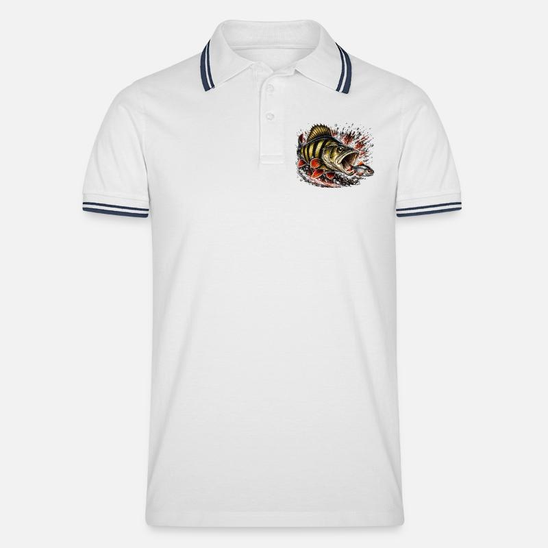 Explosives Barsch-Raubtierfisch-Design - Männer Tipped Poloshirt - Weiß/Navy