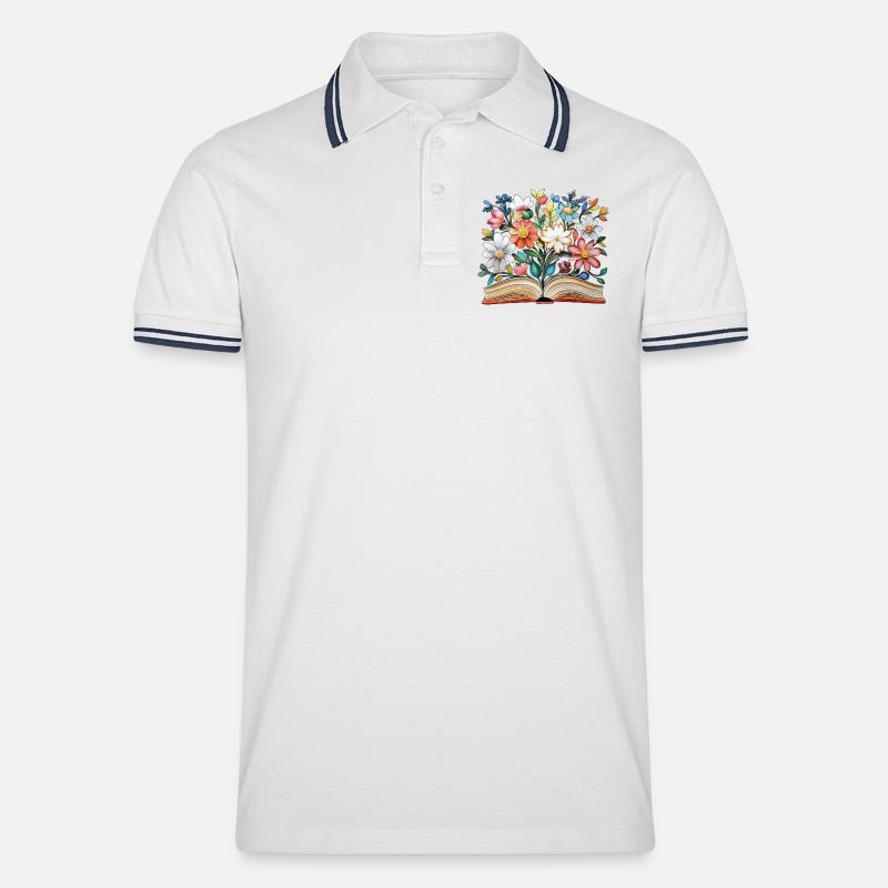 Buch mit Blumen - Männer Tipped Poloshirt - Weiß/Navy