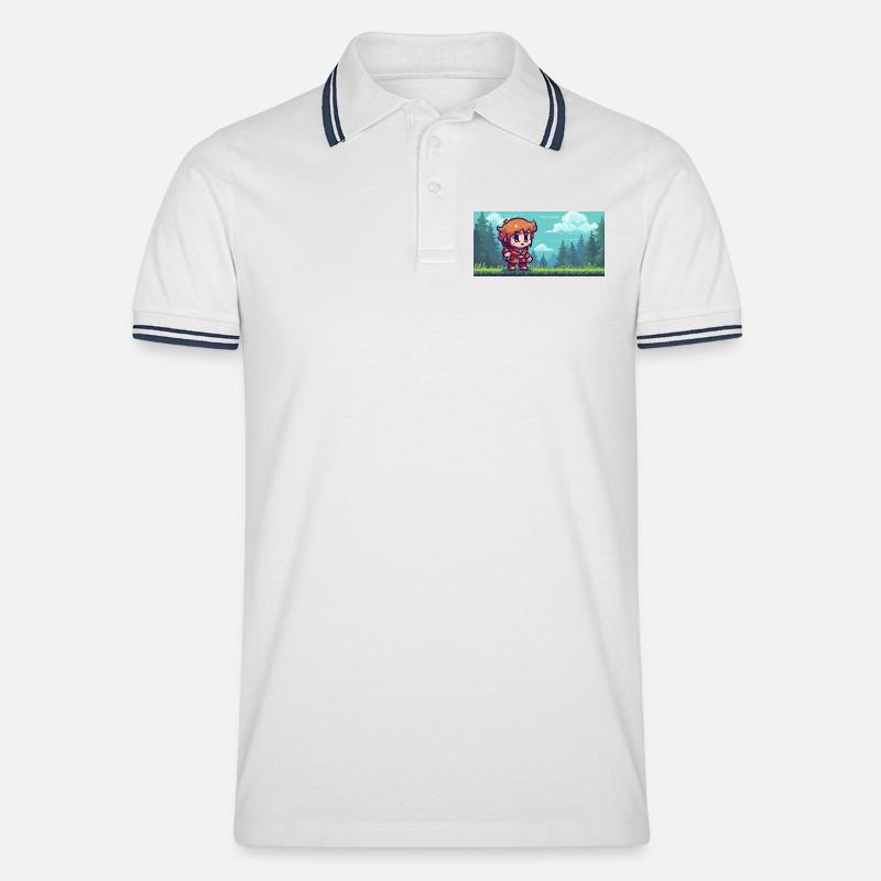 Pixelheld im Waldabenteuer Gaming Szene - Männer Tipped Poloshirt - Weiß/Navy