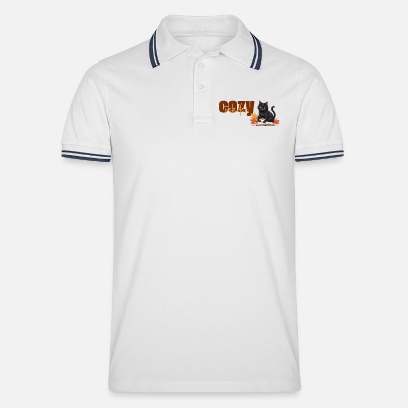 Cozy reader - Herbstlicher Katzenlese-Design - Männer Tipped Poloshirt - Weiß/Navy