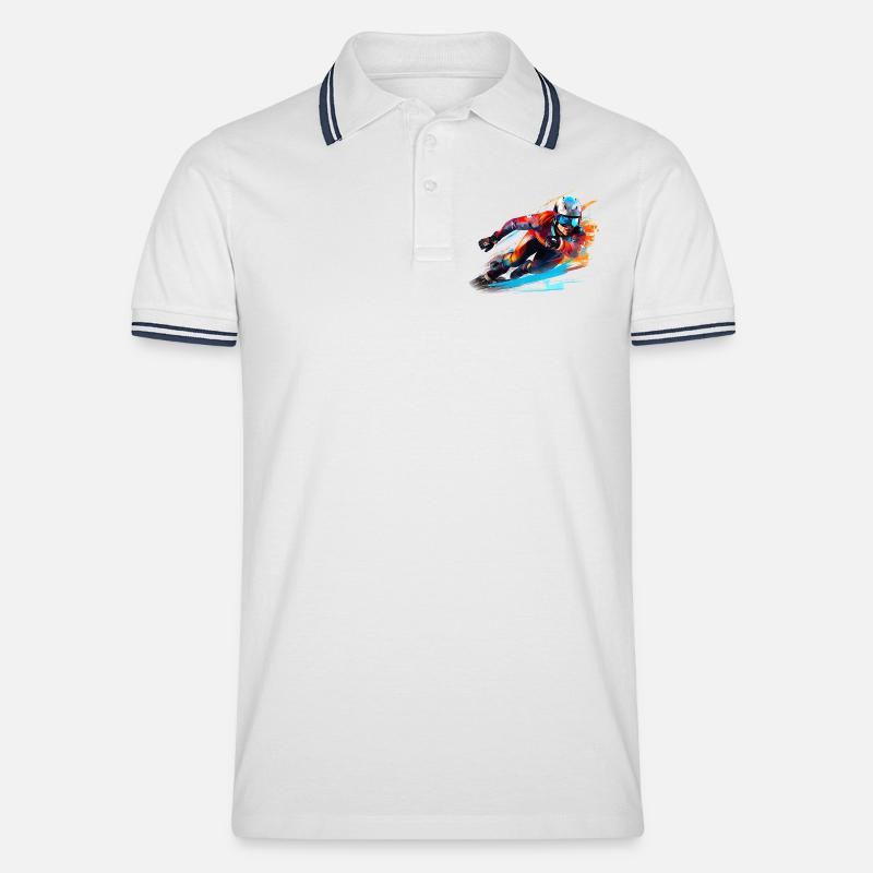 Fahrender Skirennfahrer mit Farbexplosion - Männer Tipped Poloshirt - Weiß/Navy