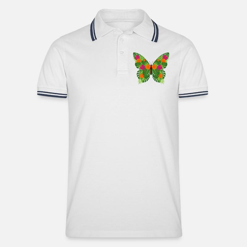 Tropischer Schmetterling aus Blättern - Männer Tipped Poloshirt - Weiß/Navy