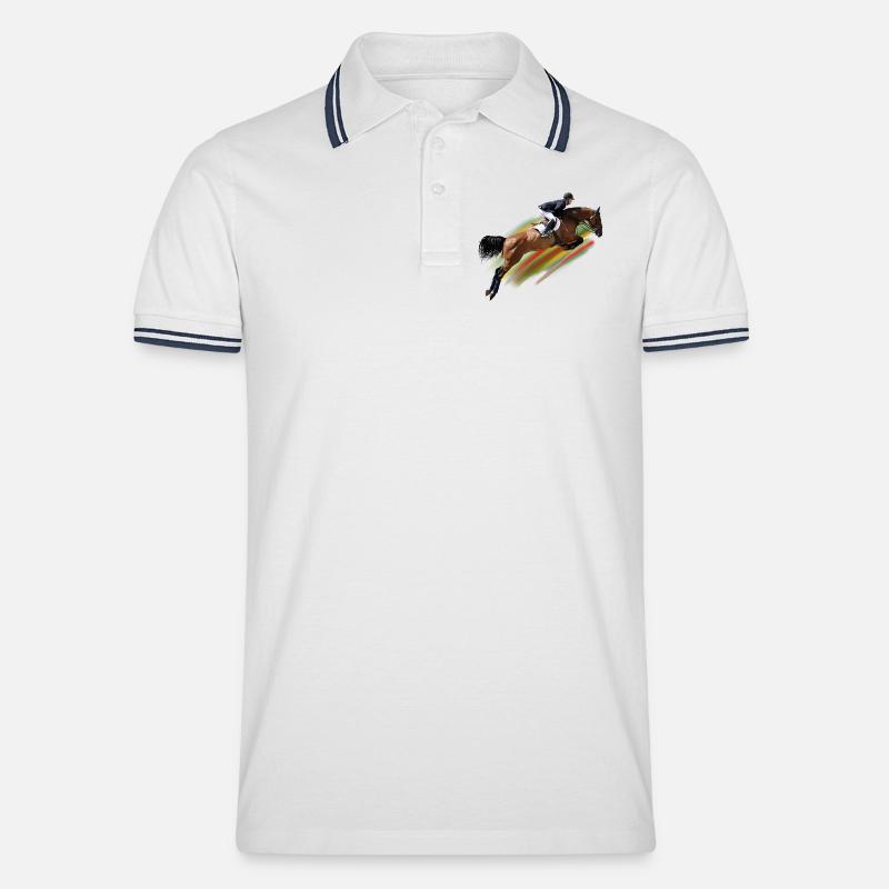 Dynamischer Springreiter auf Galoppritt - Männer Tipped Poloshirt - Weiß/Navy