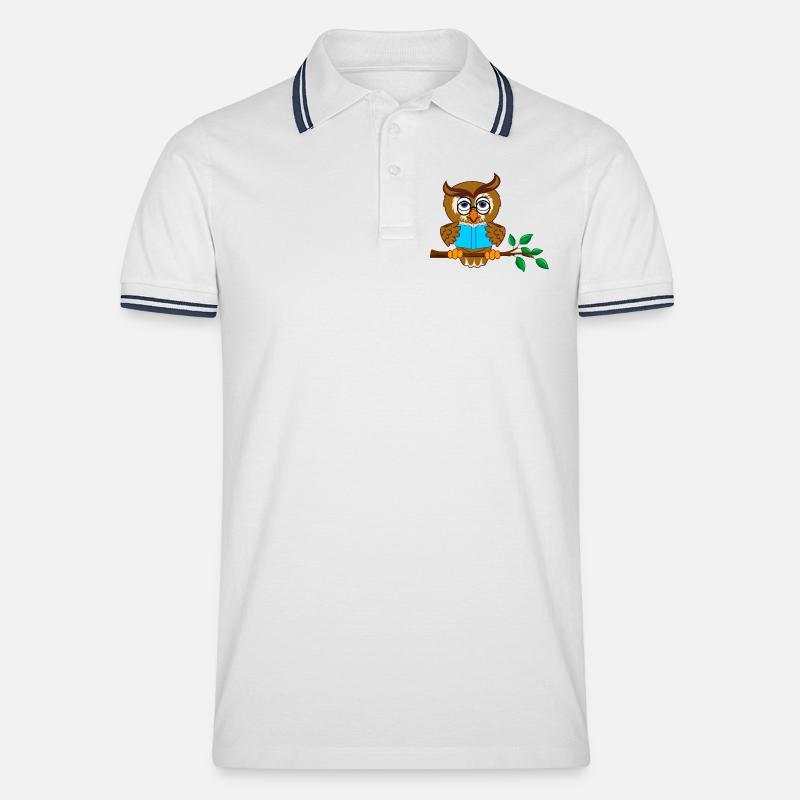 Ast Eule mit blauem Buch - Männer Tipped Poloshirt - Weiß/Navy