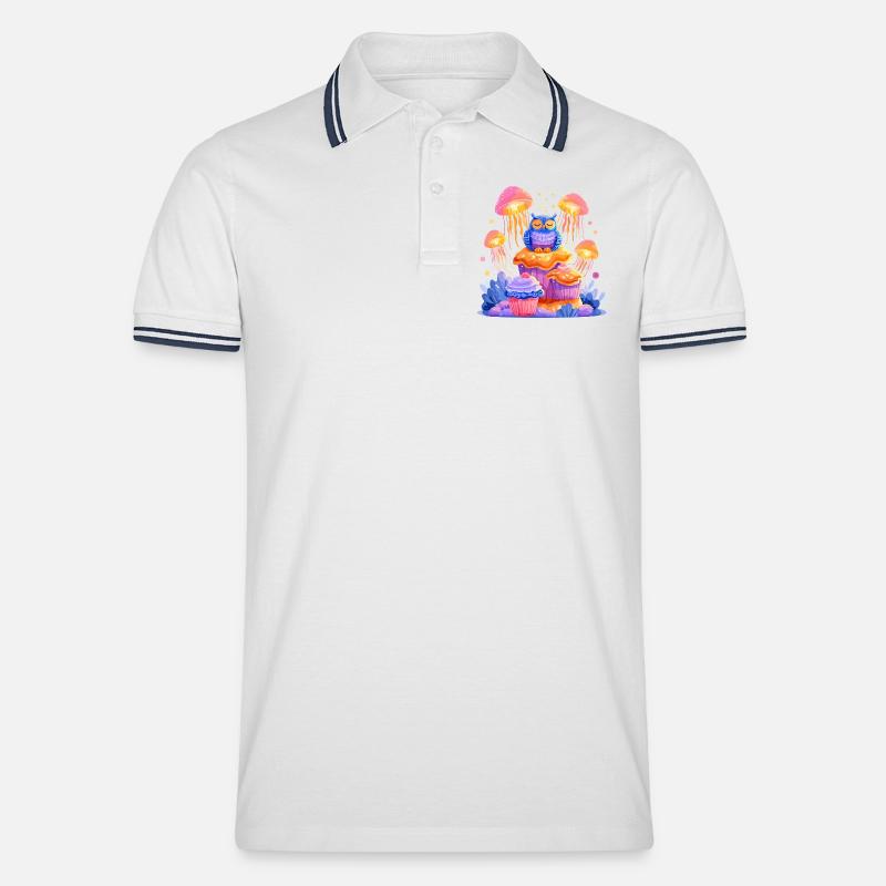 Waldfantasie Eule auf Pilz - Männer Tipped Poloshirt - Weiß/Navy