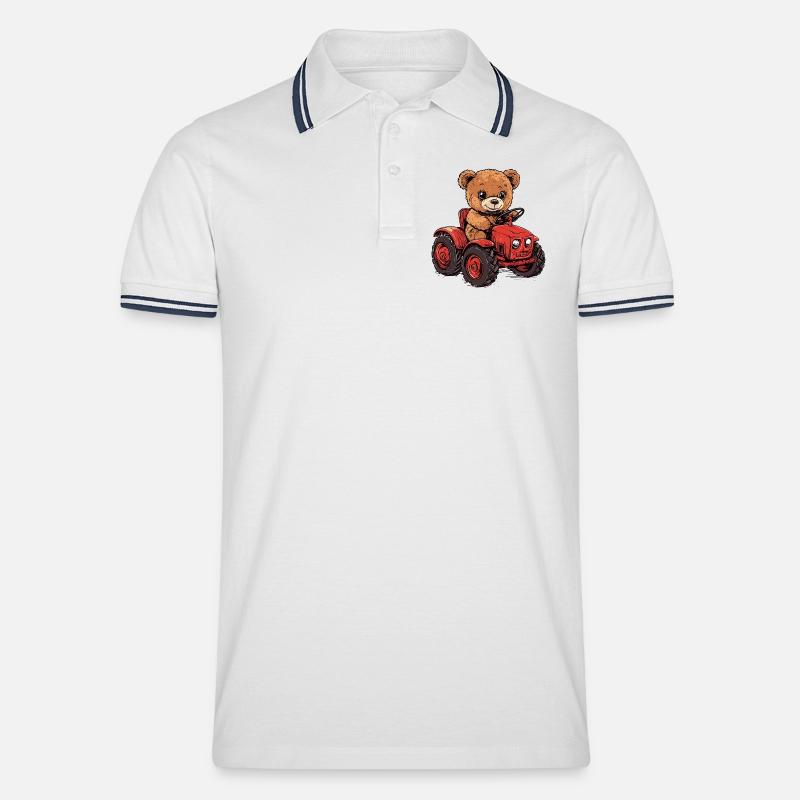 Teddybär auf rotem Traktor - Männer Tipped Poloshirt - Weiß/Navy