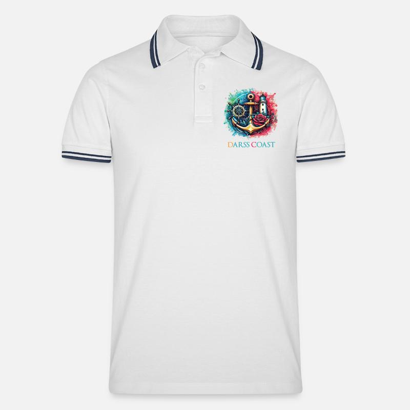 DarssCoast - Wellen Möwe Anker Grafik - Männer Tipped Poloshirt - Weiß/Navy