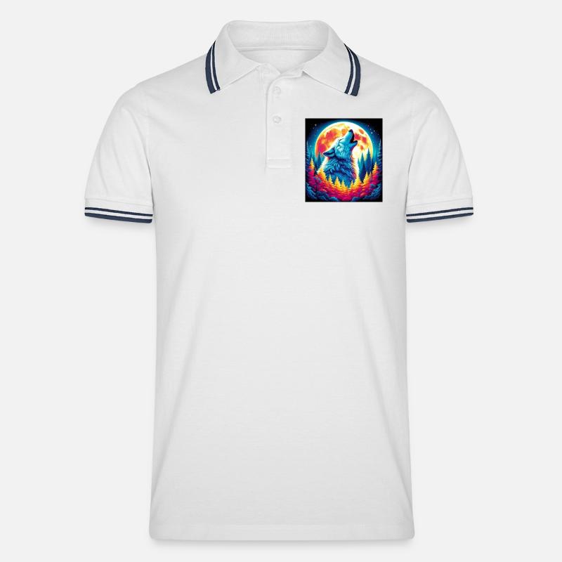 Wolf heult den Mond an - Männer Tipped Poloshirt - Weiß/Navy