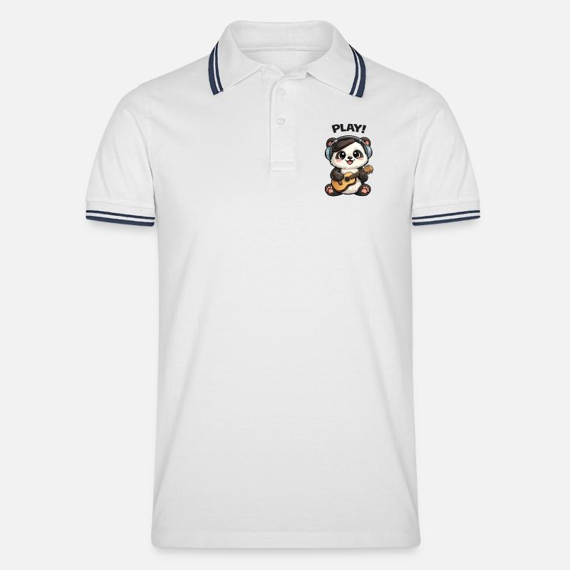Panda Gitarrist mit Kopfhörern - Männer Tipped Poloshirt - Weiß/Navy