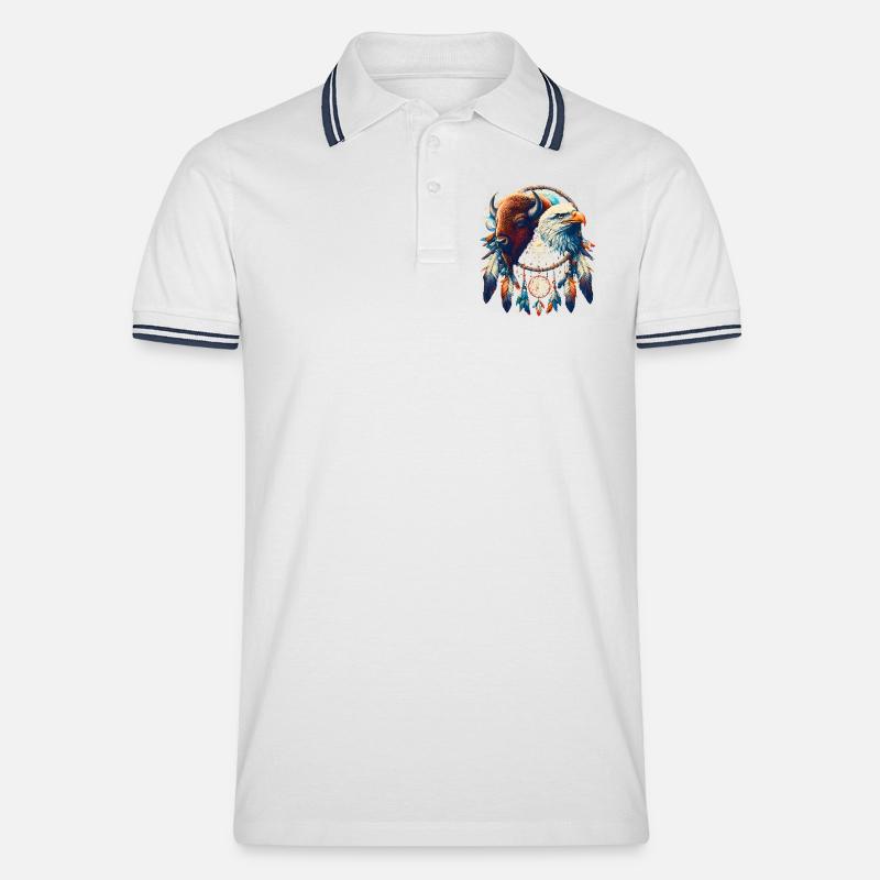 Falke und ätherisches Büffel-Mandala - Männer Tipped Poloshirt - Weiß/Navy