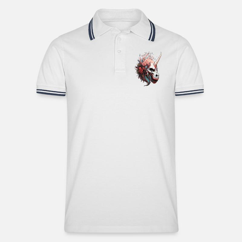 Einhornschädel mit Blumen  - Männer Tipped Poloshirt - Weiß/Navy