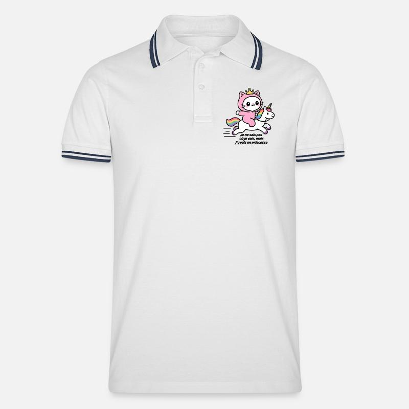Rosa Katze auf Regenbogen-Einhorn - Männer Tipped Poloshirt - Weiß/Navy