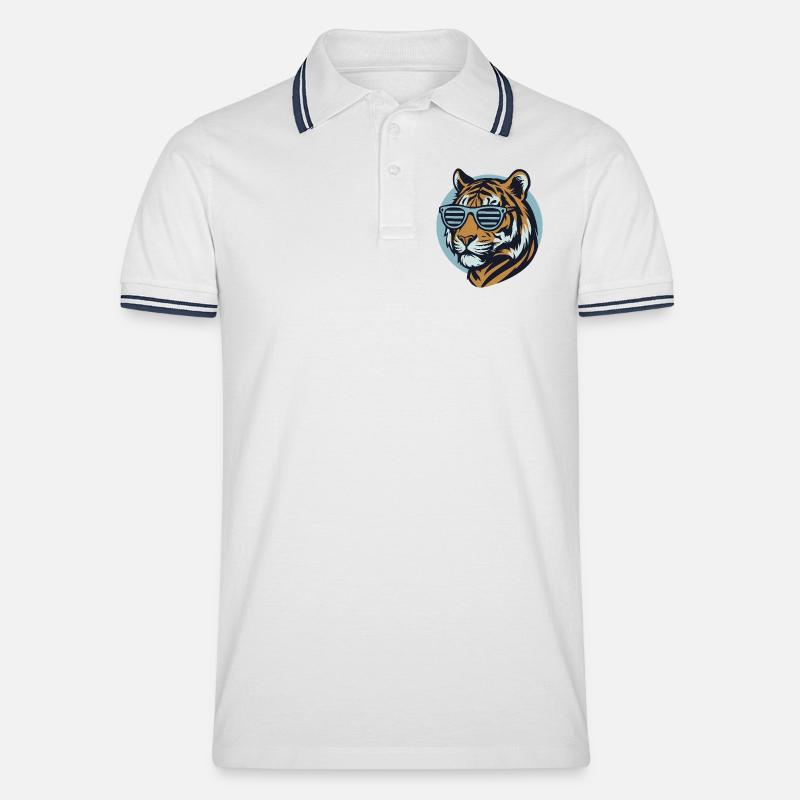Tiger mit Sonnenbrille – Retro Pop-Style - Männer Tipped Poloshirt - Weiß/Navy