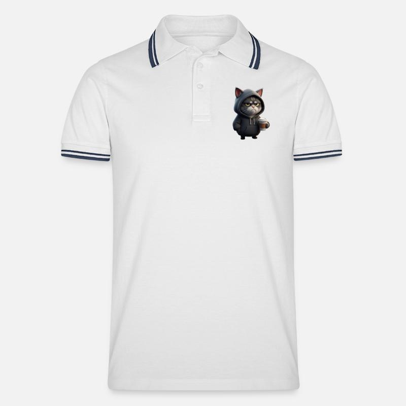 Mürrische Katze mit Coffee Cup - Männer Tipped Poloshirt - Weiß/Navy