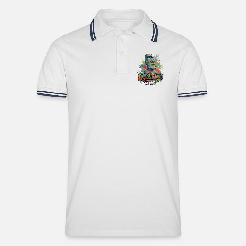 Moai – Hüter der Osterinsel - Vibrant Graffiti  - Männer Tipped Poloshirt - Weiß/Navy