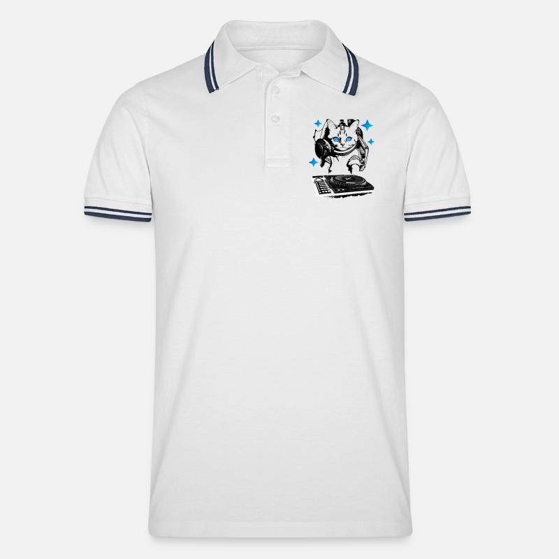 DJ Katze mit Mischpult - Männer Tipped Poloshirt - Weiß/Navy