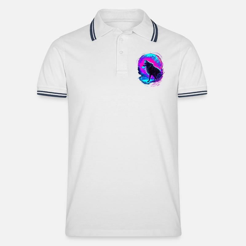 Wolf Neon Moon Synthwave - Männer Tipped Poloshirt - Weiß/Navy