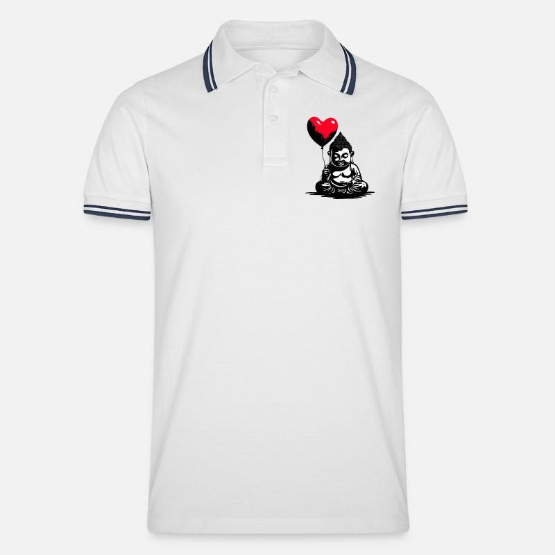 Buddha mit Herz Luftballon - Heartful Creatures - Männer Tipped Poloshirt - Weiß/Navy