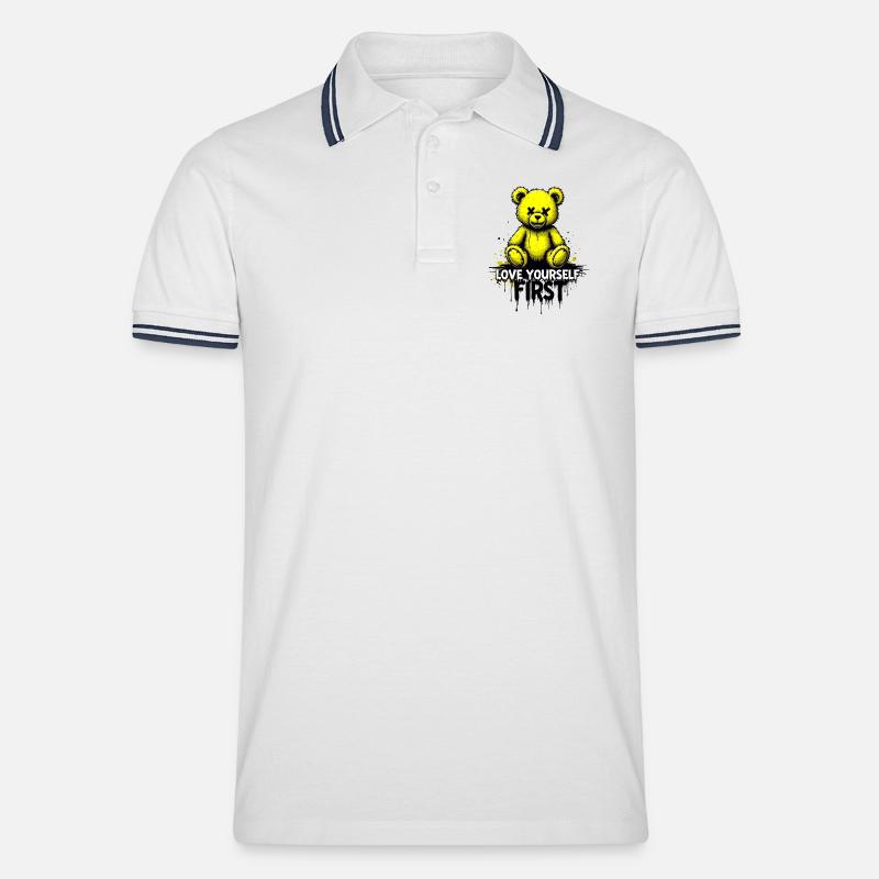 Love Yourself First Teddybär Graffiti - Männer Tipped Poloshirt - Weiß/Navy