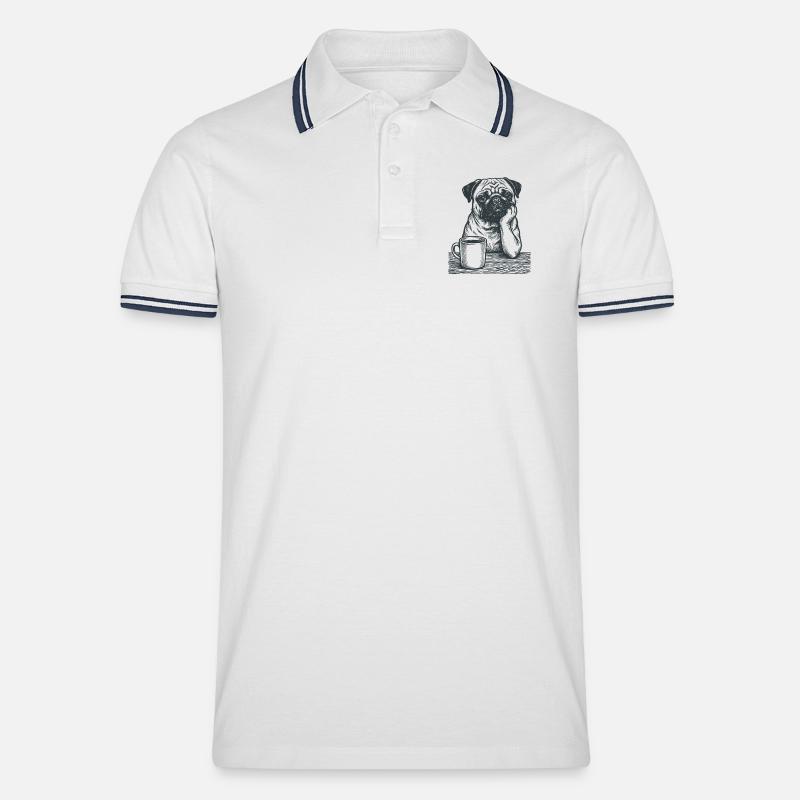 Echter Mops Kaffee Morgenmuffel Look - Männer Tipped Poloshirt - Weiß/Navy