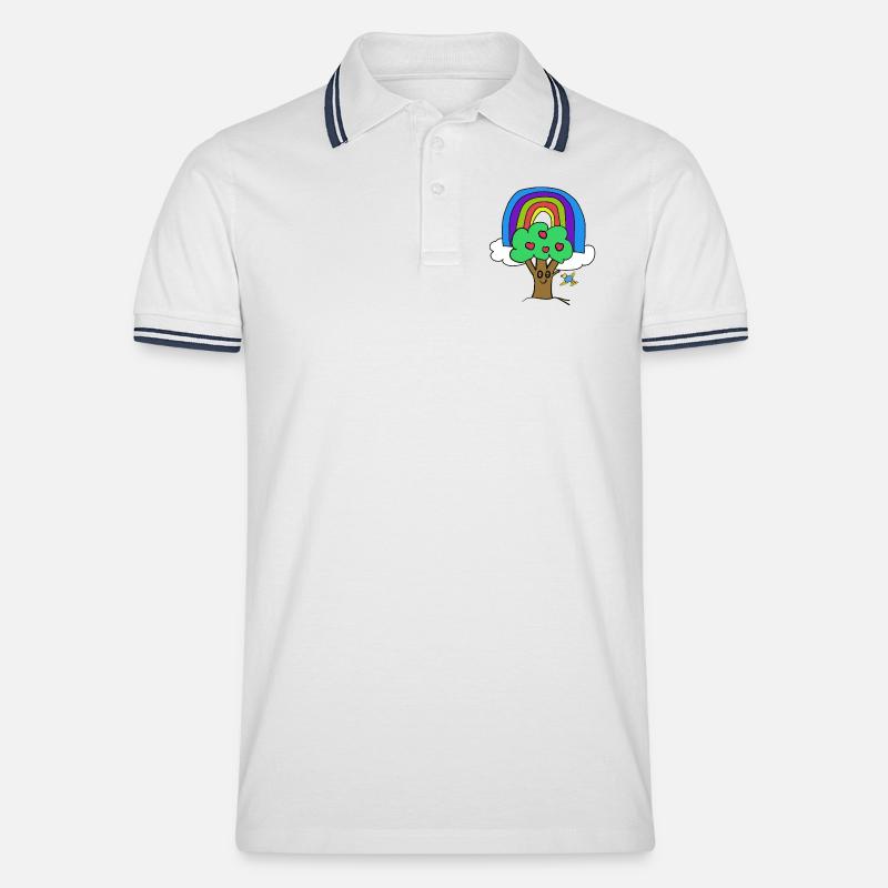 Baum Regenbogen Kind Vogel Märchen - Männer Tipped Poloshirt - Weiß/Navy