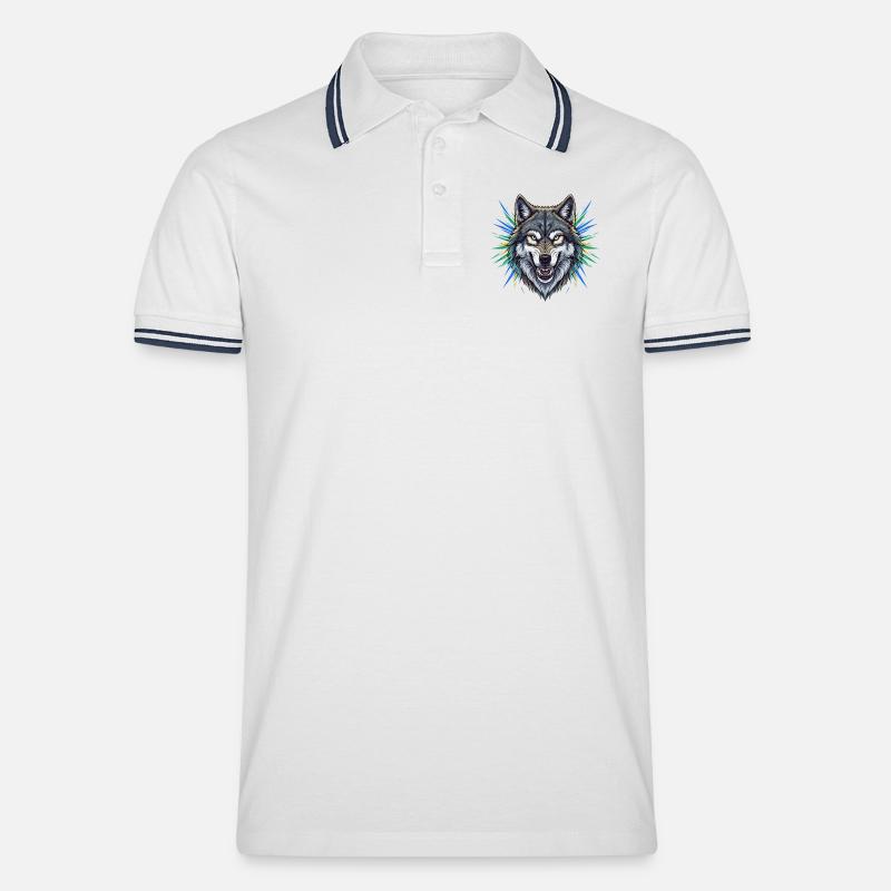 Wolfskopf mit bunten Strahlen - Männer Tipped Poloshirt - Weiß/Navy