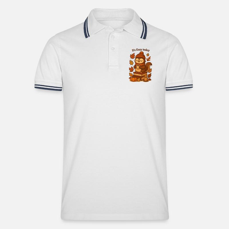Gemütliche Herbst-Eule mit Tee Mütze  - Männer Tipped Poloshirt - Weiß/Navy