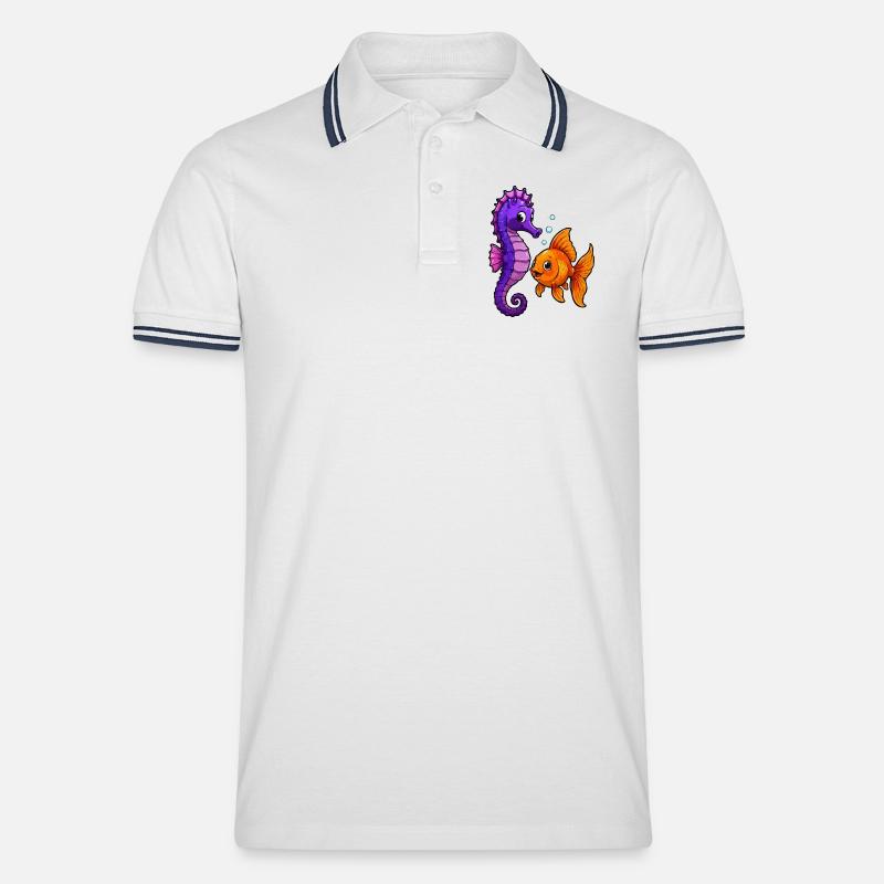 Seepferdchen trifft Goldfisch Freundschaft - Männer Tipped Poloshirt - Weiß/Navy