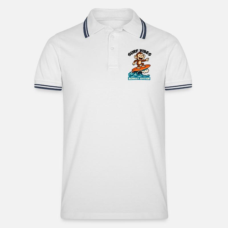 Surf Vibes, Monkey Edition. Glücklicher Surfaffe - Männer Tipped Poloshirt - Weiß/Navy