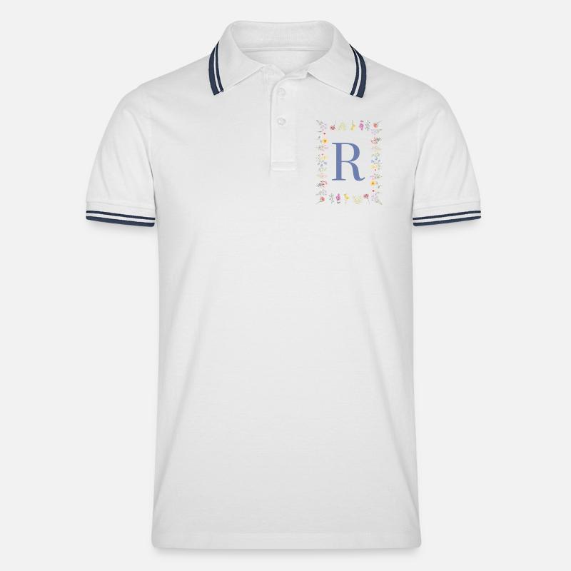 Floral Initialen "R", Buchstaben Monogramm - Männer Tipped Poloshirt - Weiß/Navy