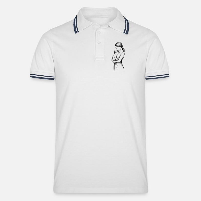 Schwarz-Weiß MutterKind Silhouette - Männer Tipped Poloshirt - Weiß/Navy